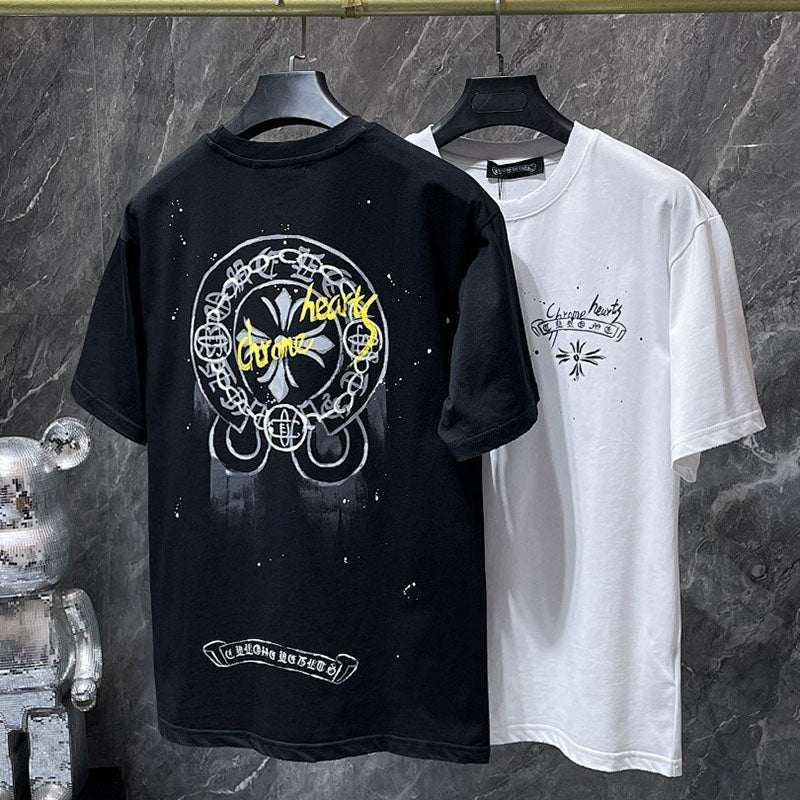 Chrome Hearts Graffiti Cross Circle Hand-Painted Graphic Tee – White